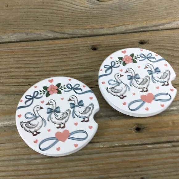 Goose with Bows and Hearts Floral Vintage Farmhouse Style Set of 2 Car Coasters - Picture 3 of 7